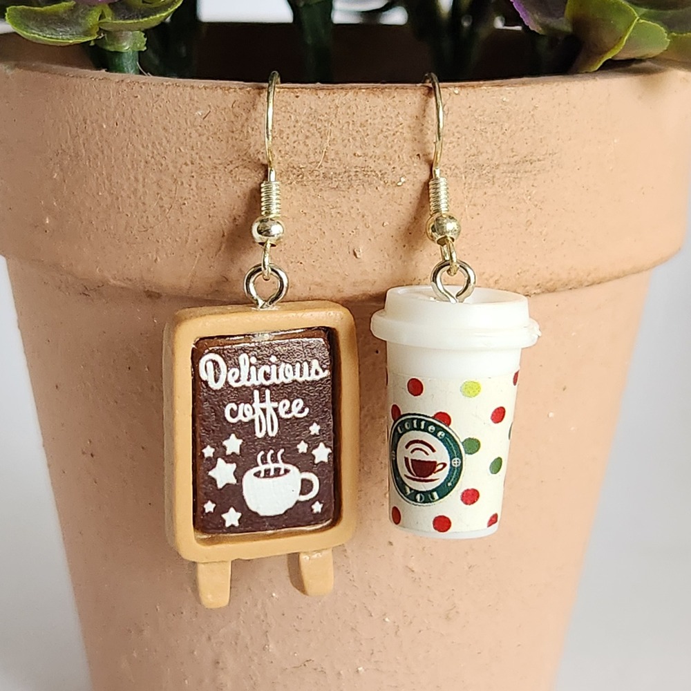 Coffee Shop Mismatched Drop Earrings Cafe Cup Chalkboard Sign Brown White